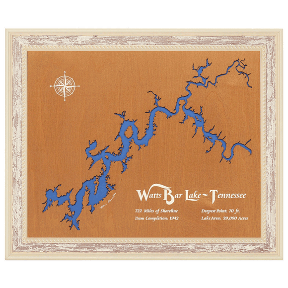 Watts Bar Lake, Tennessee Stained Wood and Distressed White Frame Lake Map Silhouette