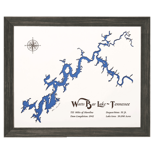 Watts Bar Lake, Tennessee White Washed Wood and Distressed Black Frame Lake Map Silhouette