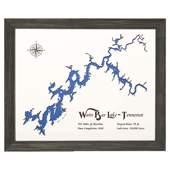 Watts Bar Lake, Tennessee White Washed Wood and Distressed Black Frame Lake Map Silhouette