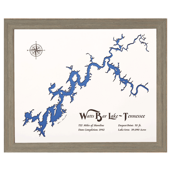 Watts Bar Lake, Tennessee White Washed Wood and Rustic Gray Frame Lake Map Silhouette