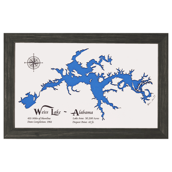 Weiss Lake, Alabama White Washed Wood and Distressed Black Frame Lake Map Silhouette