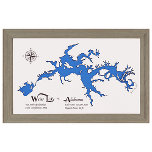 Weiss Lake, Alabama White Washed Wood and Rustic Gray Frame Lake Map Silhouette