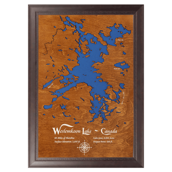 Weslemkoon Lake, Canada Stained Wood and Dark Walnut Frame Lake Map Silhouette