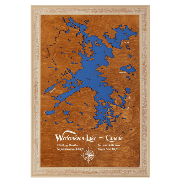 Weslemkoon Lake, Canada Stained Wood and Distressed White Frame Lake Map Silhouette