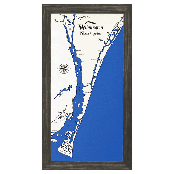 Wilmington, North Carolina White Washed Wood and Distressed Black Frame Lake Map Silhouette