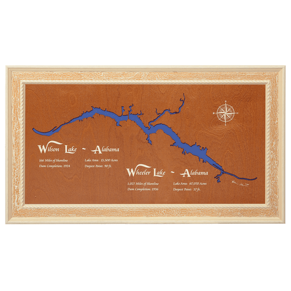 Wilson Lake and Wheeler Lake, Alabama Stained Wood and Distressed White Frame Lake Map Silhouette