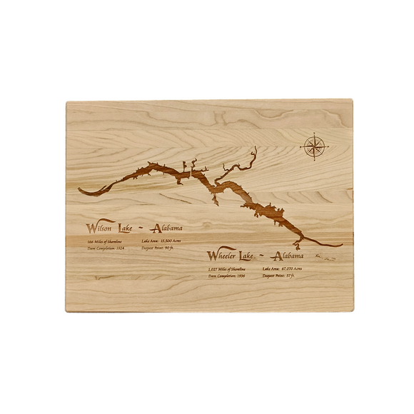 Wilson Lake and Wheeler Lake, Alabama Engraved Cherry Cutting Board