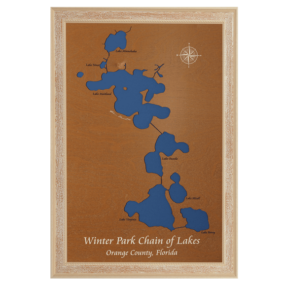 Winter Park Chain of Lakes, Florida Stained Wood and Distressed White Frame Lake Map Silhouette