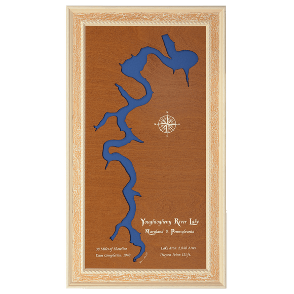 Youghiogheny River Lake, Maryland and Pennsylvania Stained Wood and Distressed White Frame Lake Map Silhouette