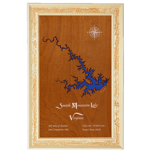 Smith Mountain Lake, Virginia Stained Wood and Distressed White Frame Lake Map Silhouette