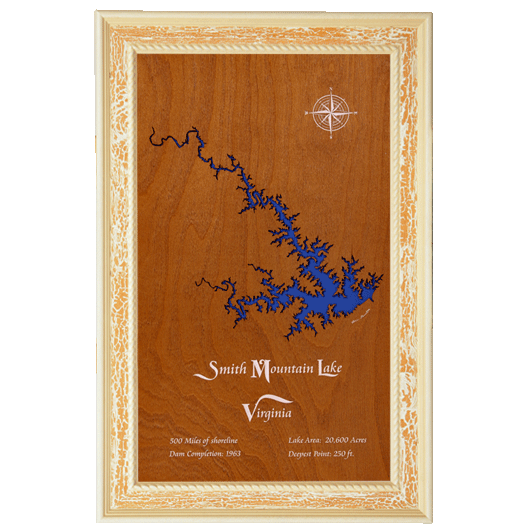 Smith Mountain Lake, Virginia Stained Wood and Distressed White Frame Lake Map Silhouette
