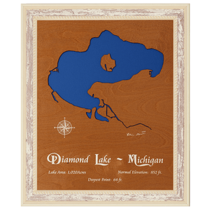 Diamond Lake, Michigan Stained Wood and Distressed White Frame Lake Map Silhouette