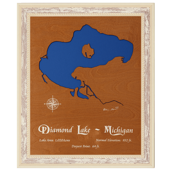 Diamond Lake, Michigan Stained Wood and Distressed White Frame Lake Map Silhouette