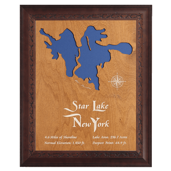 Star Lake, New York Stained Wood and Dark Walnut Frame Lake Map Silhouette