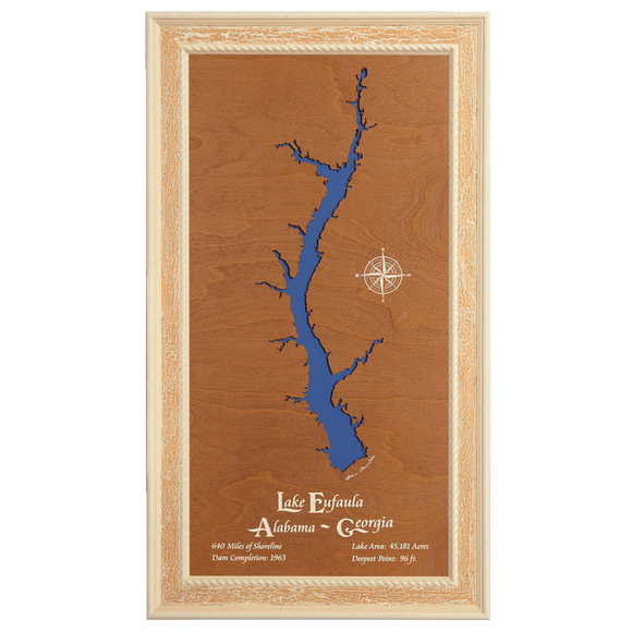 Lake Eufaula, Alabama and Georgia Stained Wood and Distressed White Frame Lake Map Silhouette