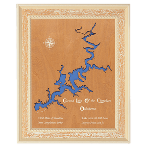 Grand Lake O' the Cherokees, Oklahoma Stained Wood and Distressed White Frame Lake Map Silhouette