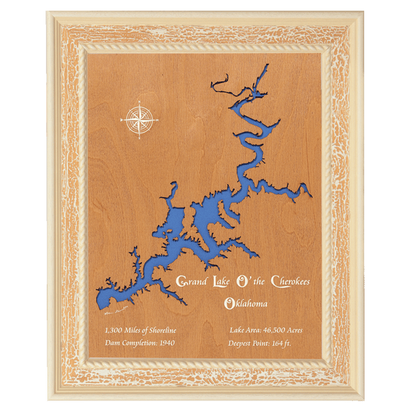 Grand Lake O' the Cherokees, Oklahoma Stained Wood and Distressed White Frame Lake Map Silhouette