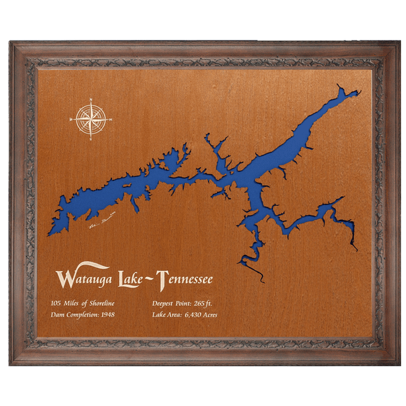 Watauga Lake, Tennessee Stained Wood and Dark Walnut Frame Lake Map Silhouette