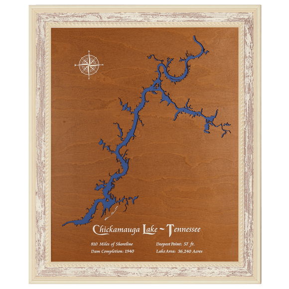 Chickamauga Lake, Tennessee Stained Wood and Distressed White Frame Lake Map Silhouette