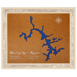 Deep Creek Lake, Maryland Stained Wood and Distressed White Frame Lake Map Silhouette