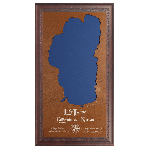 Lake Tahoe, California and Nevada Stained Wood and Dark Walnut Frame Lake Map Silhouette