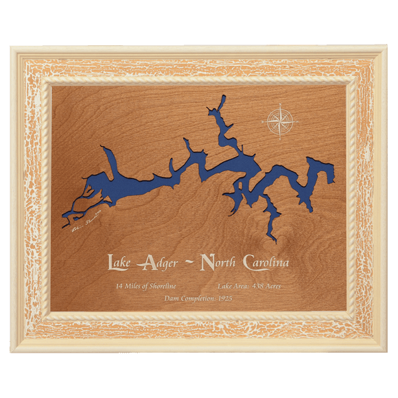 Lake Adger, North Carolina Stained Wood and Distressed White Frame Lake Map Silhouette