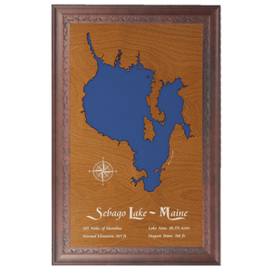 Sebago Lake, Maine Stained Wood and Dark Walnut Frame Lake Map Silhouette