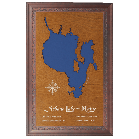 Sebago Lake, Maine Stained Wood and Dark Walnut Frame Lake Map Silhouette