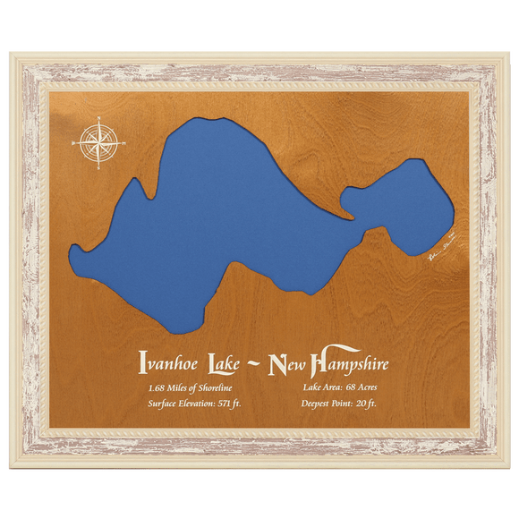 Ivanhoe Lake, New Hampshire Stained Wood and Distressed White Frame Lake Map Silhouette