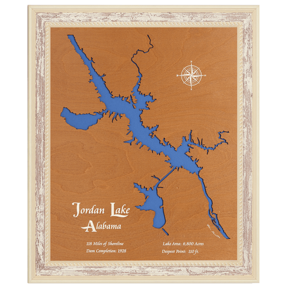 Jordan Lake, Alabama Stained Wood and Distressed White Frame Lake Map Silhouette