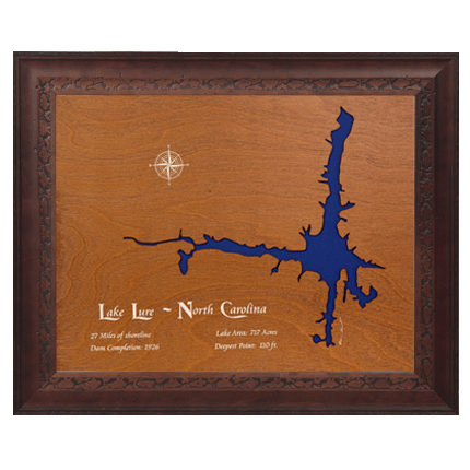 Lake Lure, North Carolina Stained Wood and Dark Walnut Frame Lake Map Silhouette