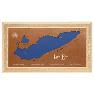 Lake Erie, Canada, Michigan, Ohio, Pennsylvania, and New York Stained Wood and Distressed White Frame Lake Map Silhouette