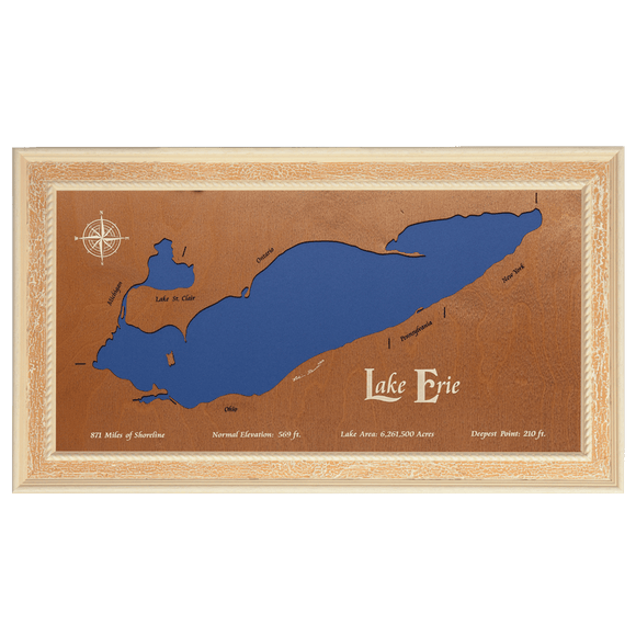 Lake Erie, Canada, Michigan, Ohio, Pennsylvania, and New York Stained Wood and Distressed White Frame Lake Map Silhouette