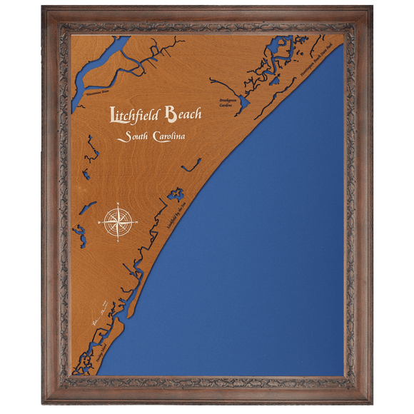 Litchfield Beach, South Carolina Stained Wood and Dark Walnut Frame Lake Map Silhouette