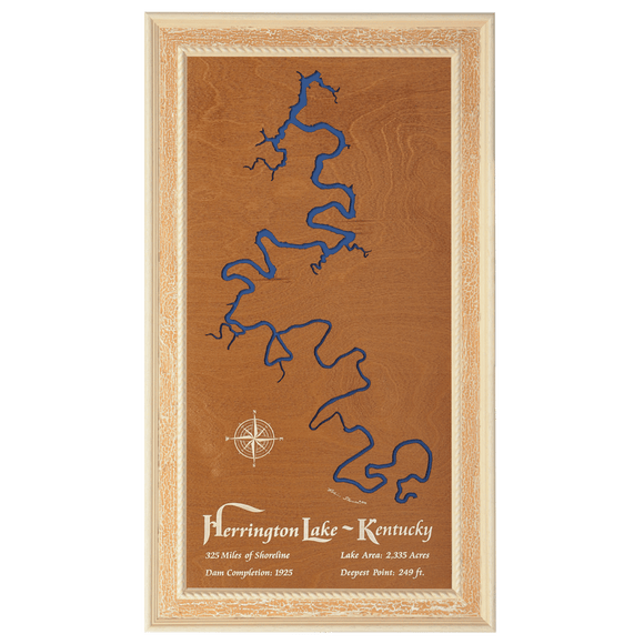 Herrington Lake, Kentucky Stained Wood and Distressed White Frame Lake Map Silhouette