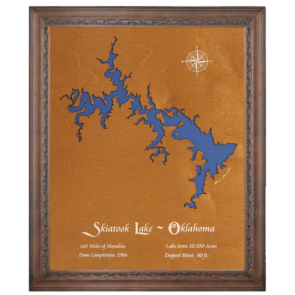Skiatook Lake, Oklahoma Stained Wood and Dark Walnut Frame Lake Map Silhouette