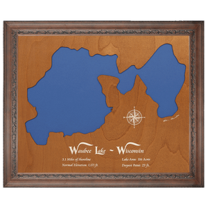 Waubee Lake, Wisconsin Stained Wood and Dark Walnut Frame Lake Map Silhouette