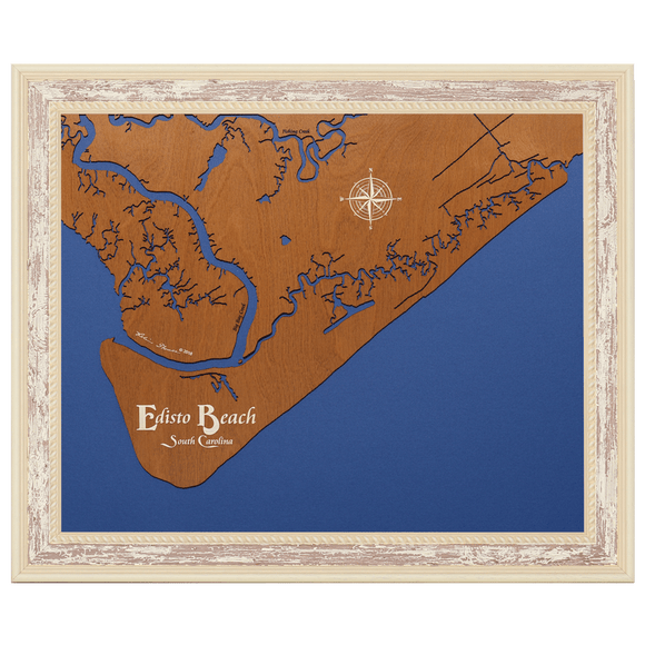 Edisto Beach, South Carolina Stained Wood and Distressed White Frame Map Silhouette