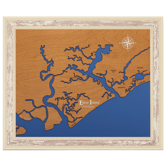 Edisto Island, South Carolina Stained Wood and Distressed White Frame Map Silhouette