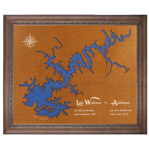 Lake Wedowee, Alabama Stained Wood and Dark Walnut Frame Lake Map Silhouette