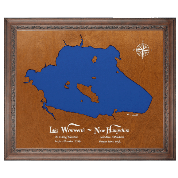 Lake Wentworth, New Hampshire Stained Wood and Dark Walnut Frame Lake Map Silhouette