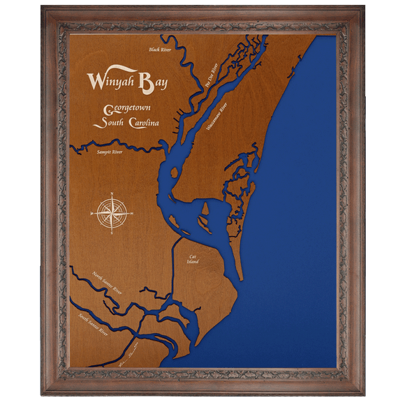 Winyah Bay, South Carolina Stained Wood and Dark Walnut Frame Lake Map Silhouette
