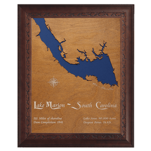 Lake Marion, South Carolina Stained Wood and Dark Walnut Frame Lake Map Silhouette