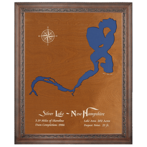 Silver Lake, Tilton and Belmont, New Hampshire Stained Wood and Dark Walnut Frame Lake Map Silhouette