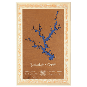 Jackson Lake, Georgia Stained Wood and Distressed White Frame Lake Map Silhouette