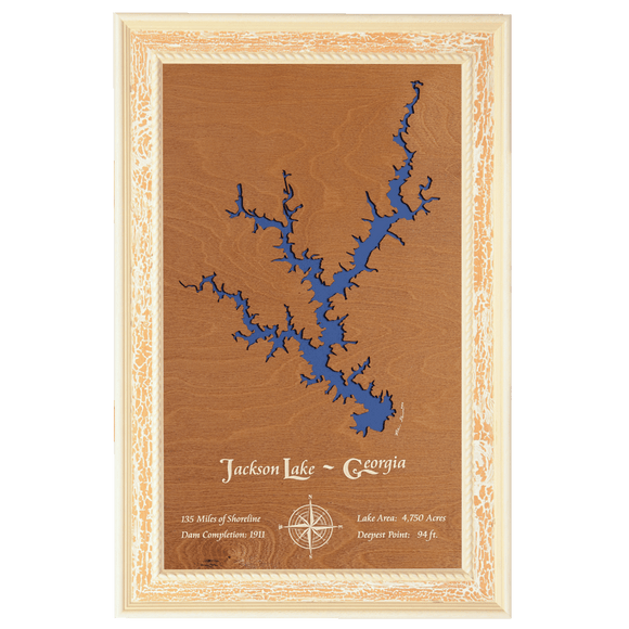 Jackson Lake, Georgia Stained Wood and Distressed White Frame Lake Map Silhouette