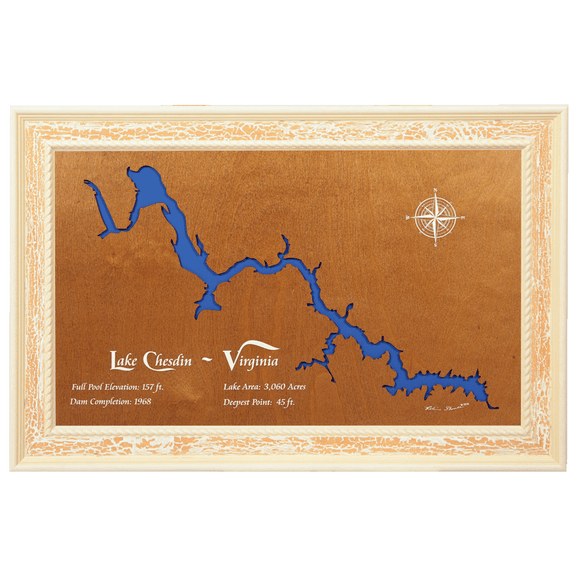 Lake Chesdin, Virginia Stained Wood and Distressed White Frame Lake Map Silhouette