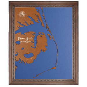 Outer Banks, North Carolina Stained Wood and Dark Walnut Frame Lake Map Silhouette