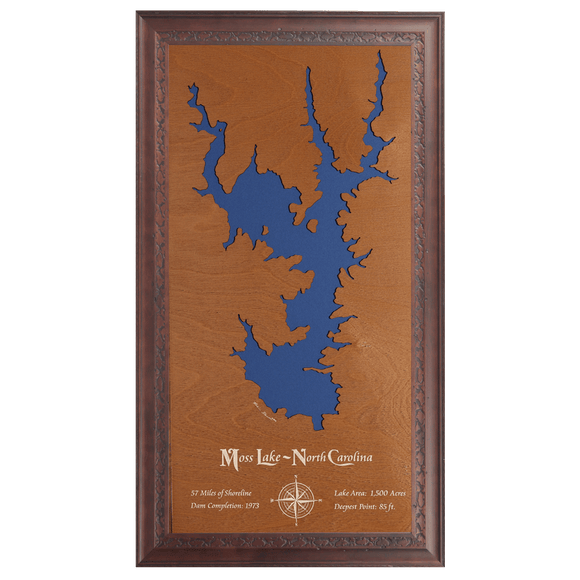 Moss Lake, North Carolina Stained Wood and Dark Walnut Frame Lake Map Silhouette