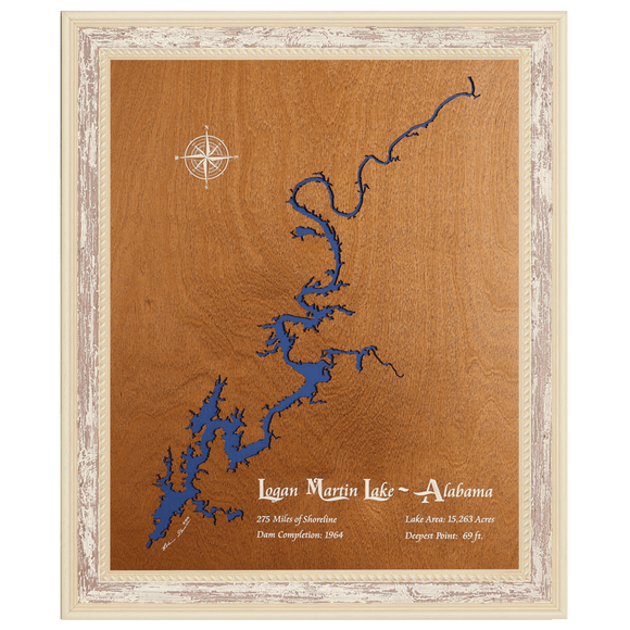 Logan Martin Lake, Alabama Stained Wood and Distressed White Frame Lake Map Silhouette